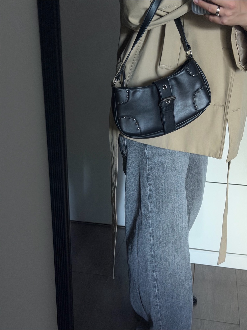Black Studded Shoulder Bag with Buckle - Picture 6 of 11